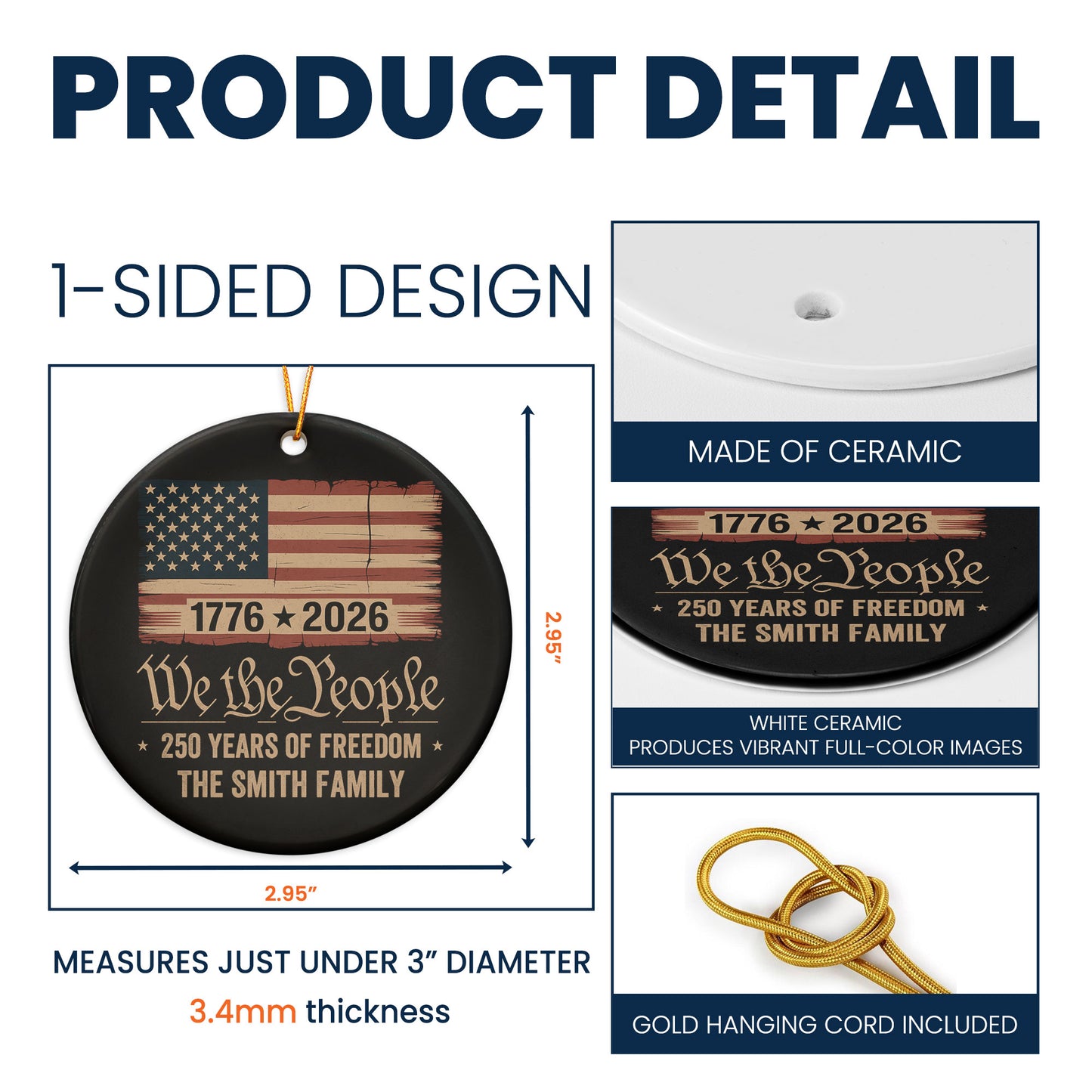 1776-2026 250 Years Anniversary United States Of America Patriotic Liberty Gift - Personalized Ceramic Ornament