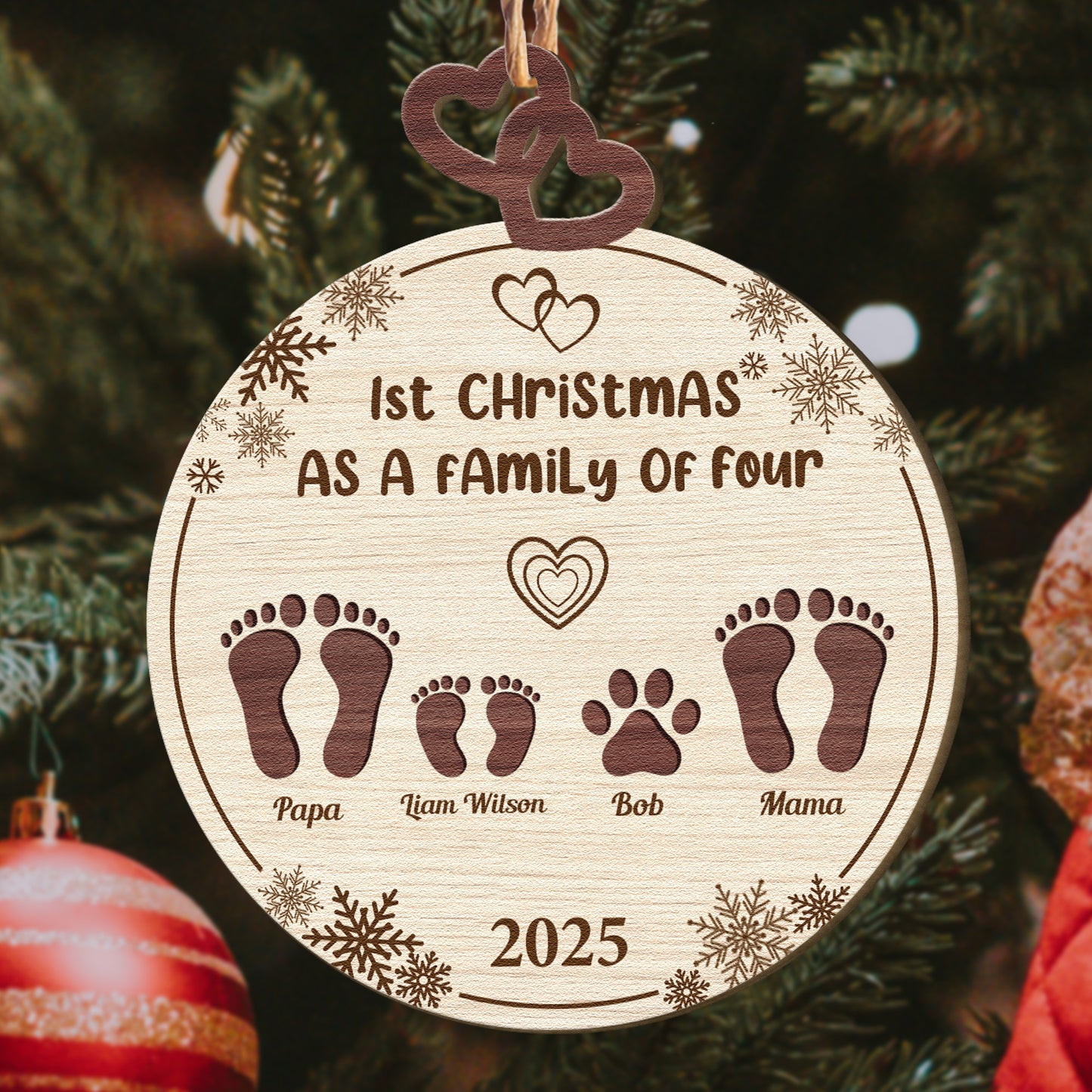 1st Christmas As A Family Of Four - Personalized Wooden Ornament