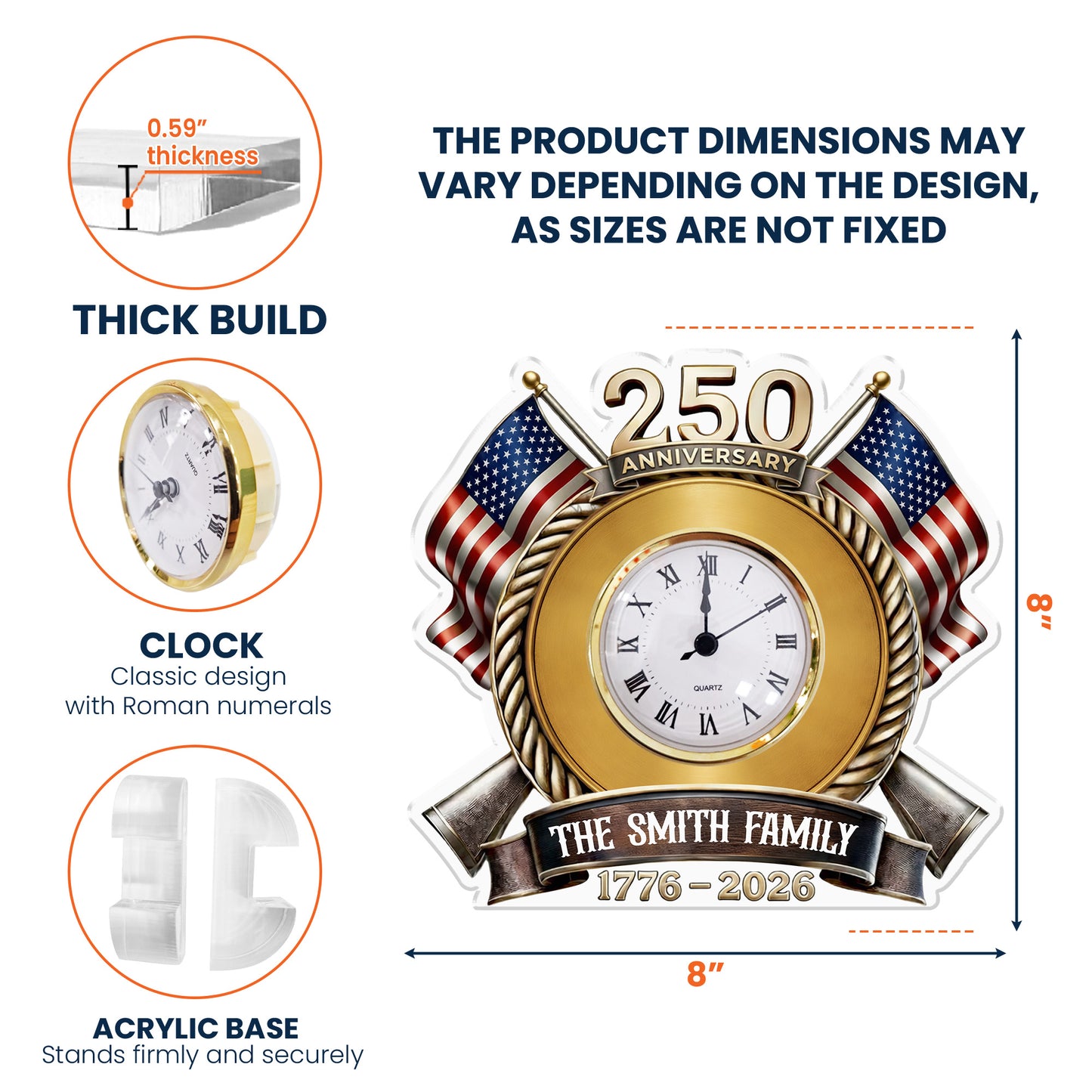 250th Anniversary Patriotic Gift - Personalized Acrylic Desk Clock