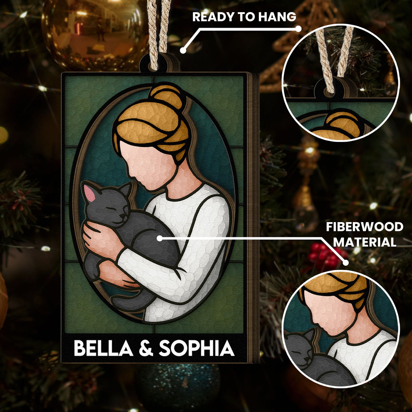 A Girl And Her Cat - Personalized Wooden Ornament