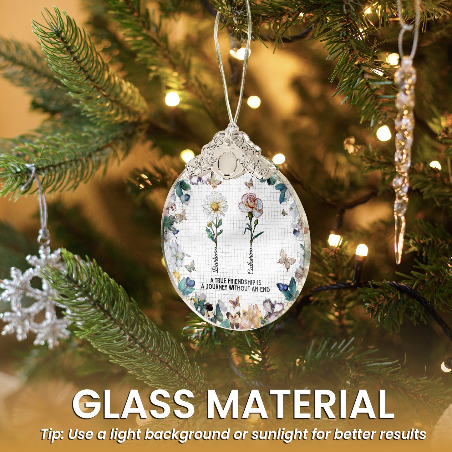 A True Friendship Is A Journey Mosaic Birth Flowers - Personalized Glass Ornament With Silver Cap