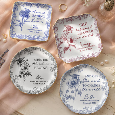 A Sweet Ending To A New Beginning Graduation Gifts For Her - Toile De Jouy Birth Flowers - Personalized Jewelry Dish