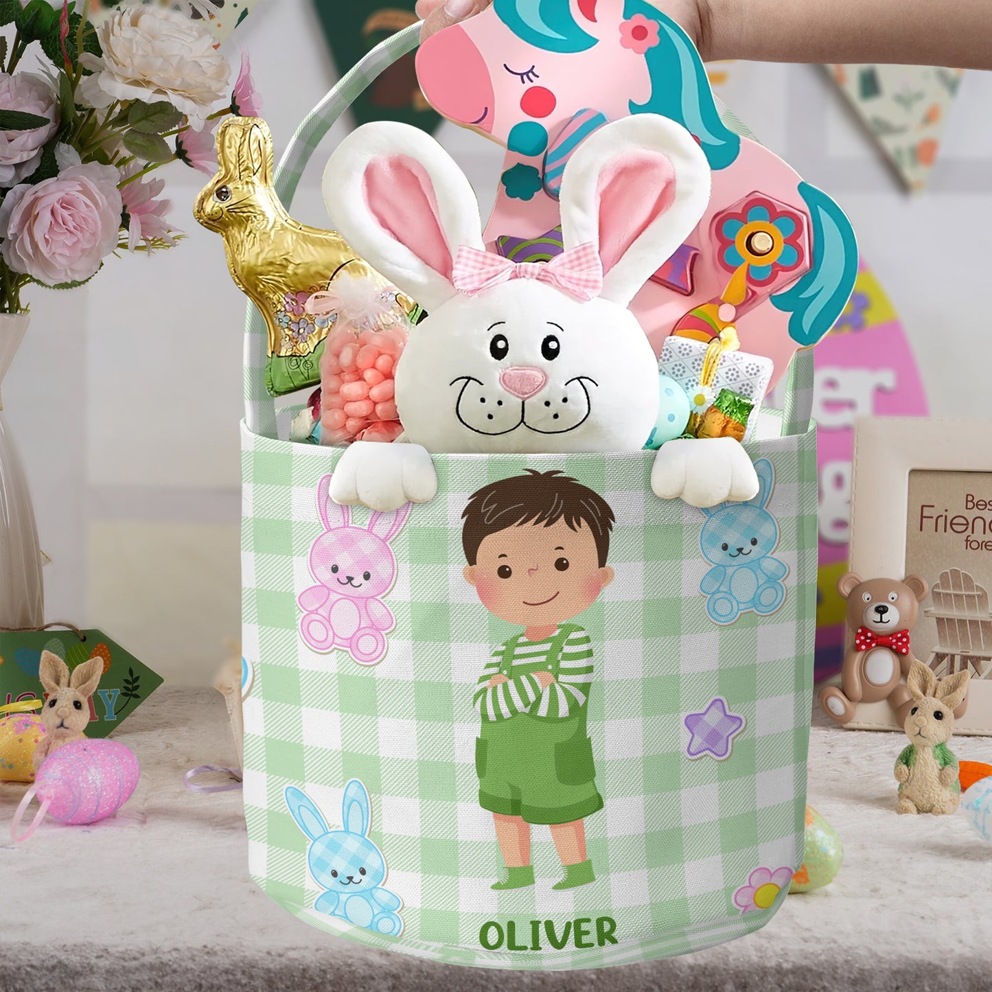 Adorable Kids Easter Basket With Eggs And Bunny - Personalized Easter Basket