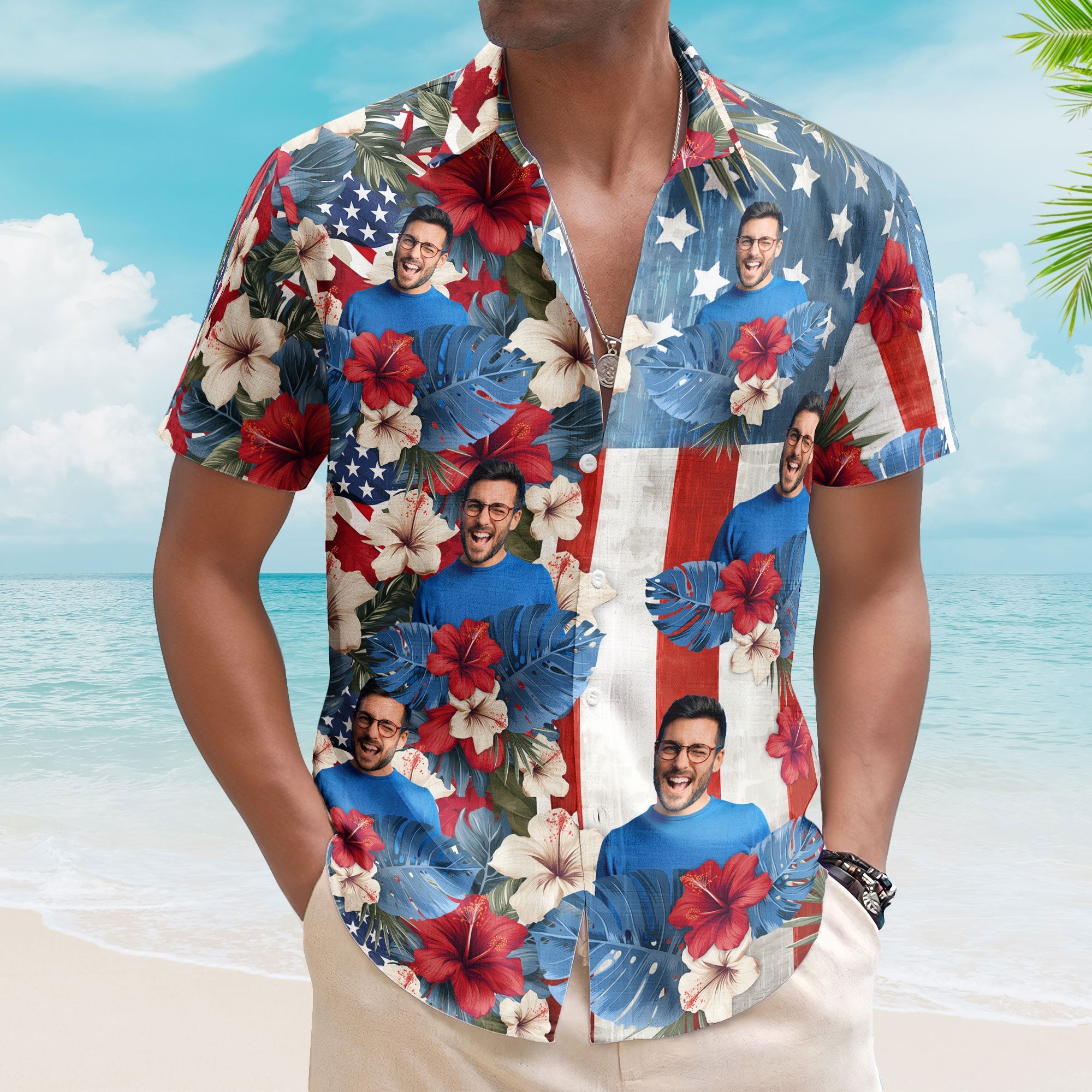 American Flag Tropical Independence Day Vintage Aloha - Custom Photo  Hawaiian Shirts – Macorner