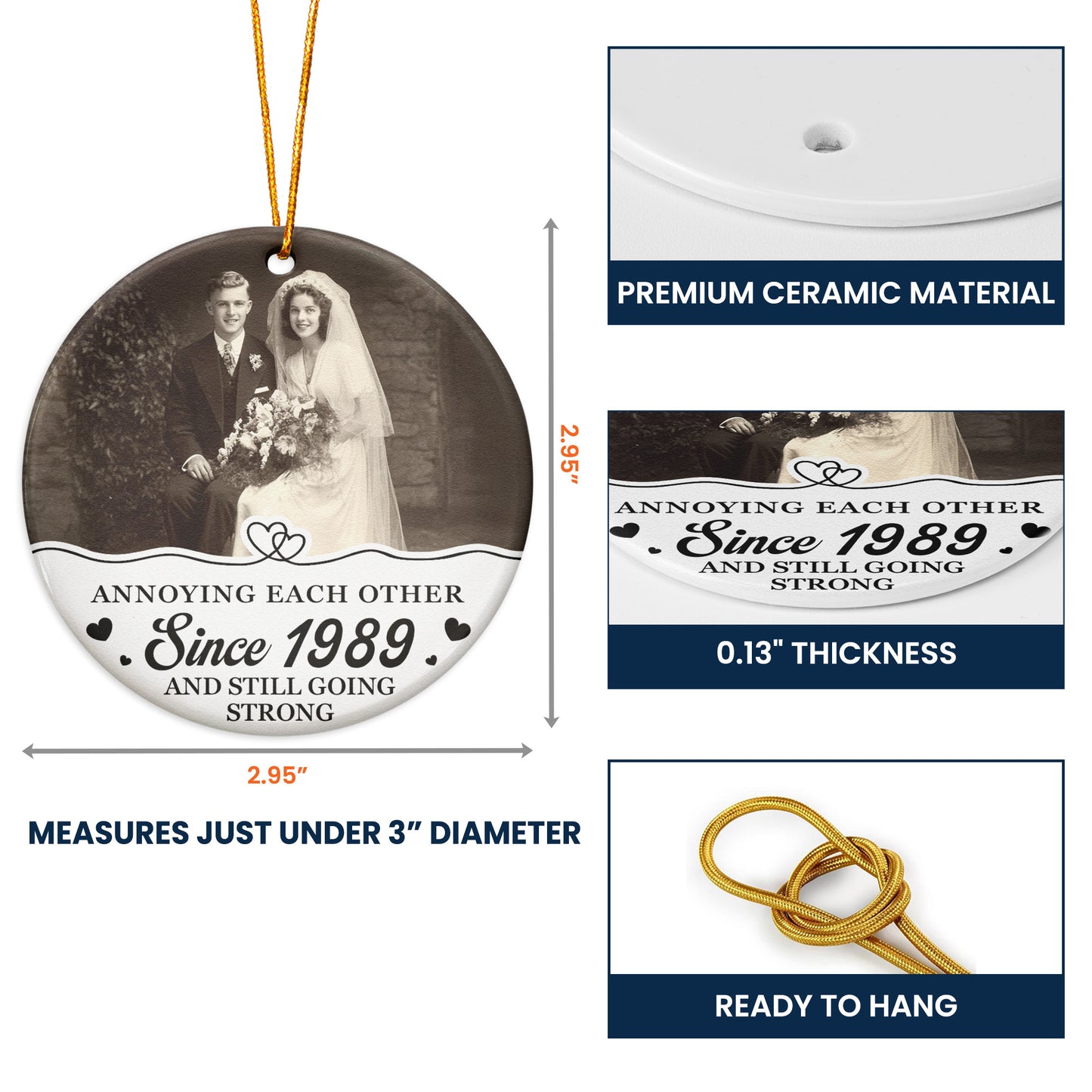 Anniversary Christmas Annoying Each Other Since & Still Going Strong - Personalized Two-Sided Ceramic Photo Ornament