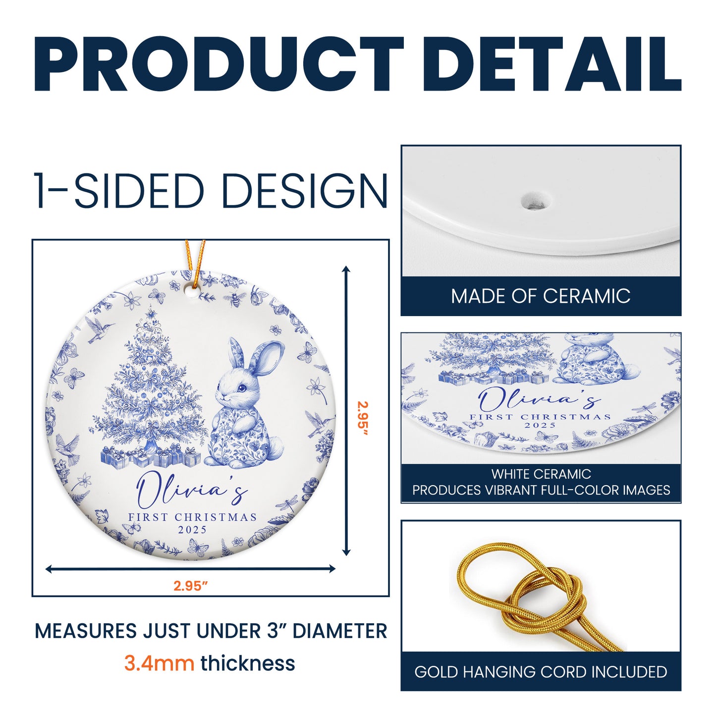 Baby's First Christmas Toile De Jouy - Personalized Ceramic Ornament