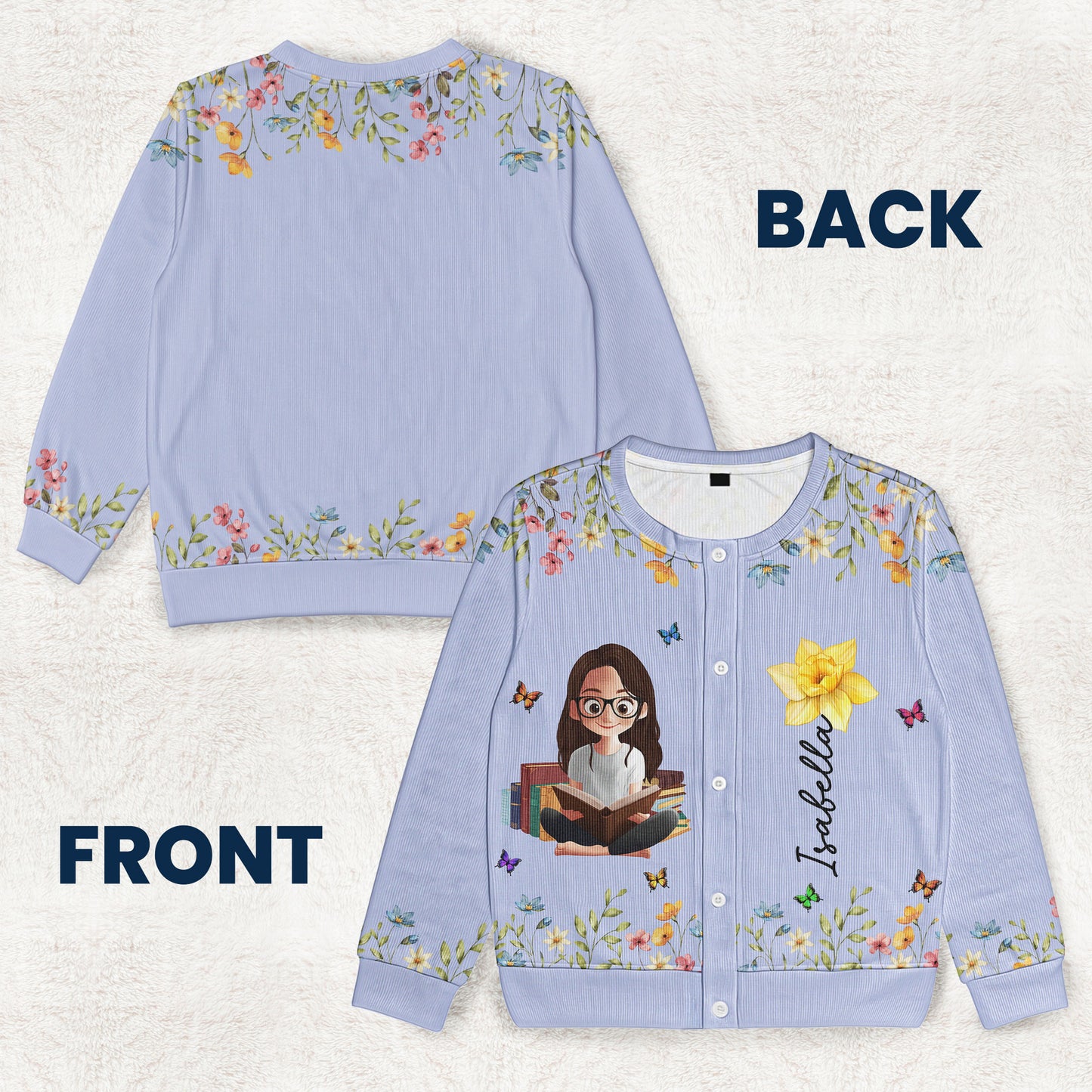 Birth Flower Book Lover - Personalized Crewneck Cardigan