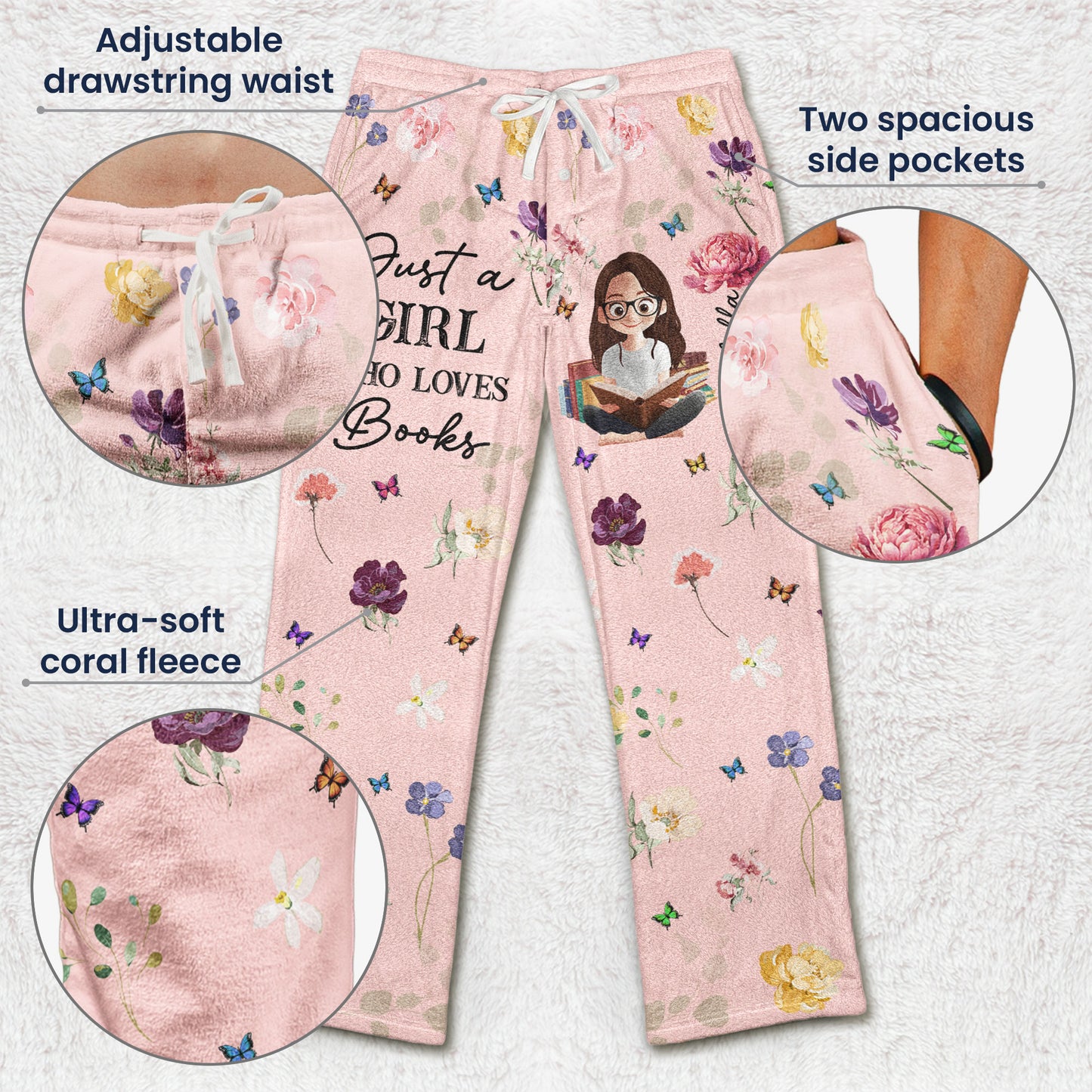 Birth Flower Book Lover - Personalized Fleece Pajama Pants