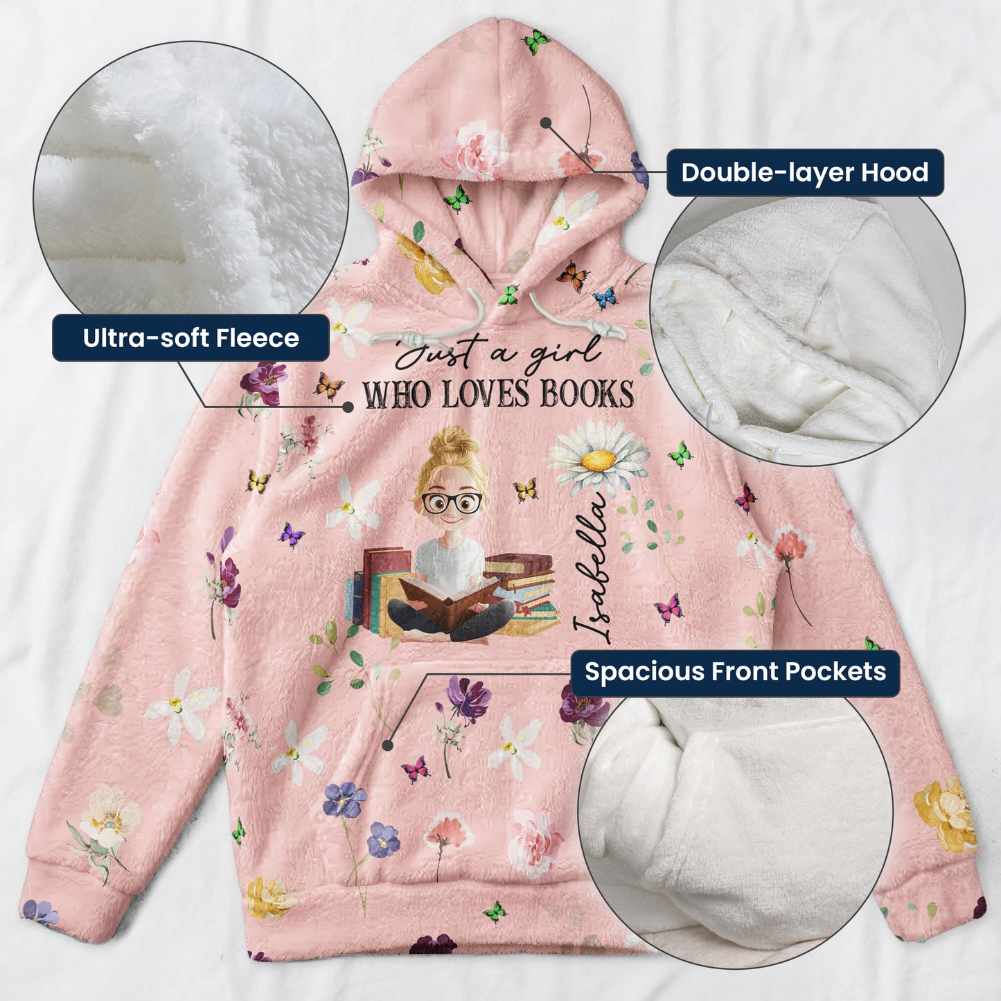 Birth Flower Book Lovers - Personalized Fleece Hoodie