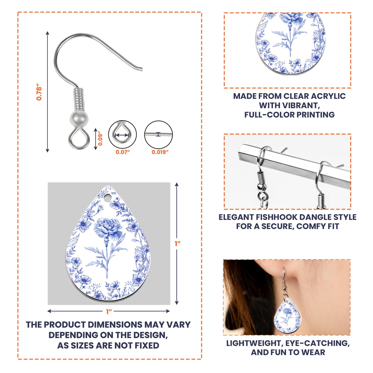 Birth Month Flower Toile De Jouy French Vintage Style - Personalized Acrylic Earrings