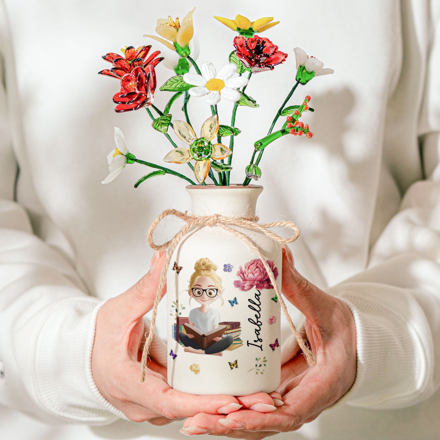 Book Lover, Birth Flower – Personalized Ceramic Vase (Vase Only, Flowers Excluded)