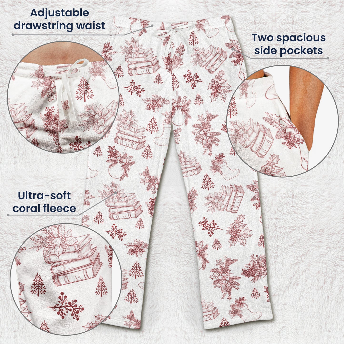 Book, Wine, Baking, Knitting Lover Toile De Jouy - Personalized Fleece Pajama Pants
