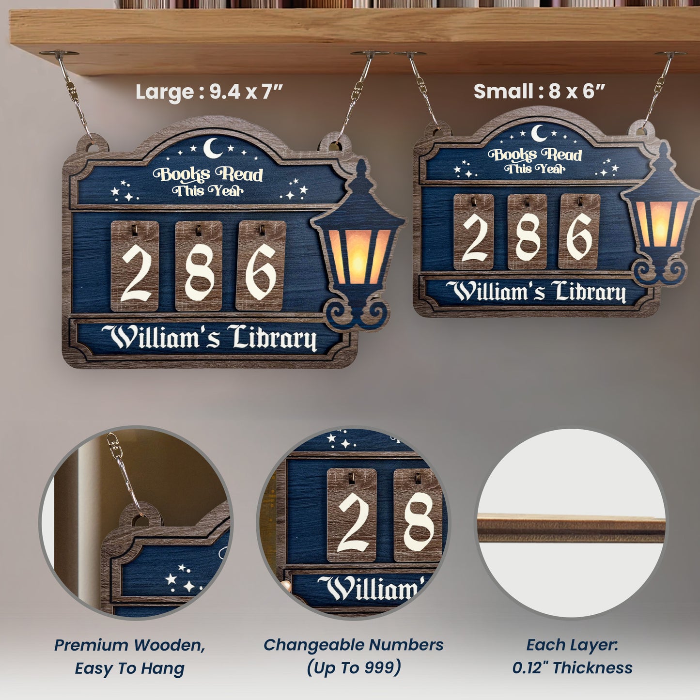 Books Read, Book Lover - Personalized Hanging Bookshelf Counter