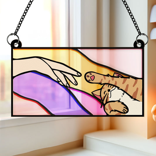 Cat Reaching For Hand - Personalized Window Hanging Suncatcher Ornament