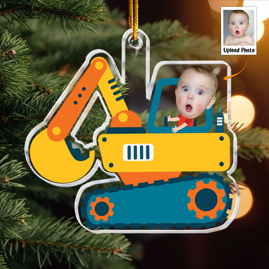Christmas Boy Riding Construction Vehicle - Personalized Acrylic Photo Ornament