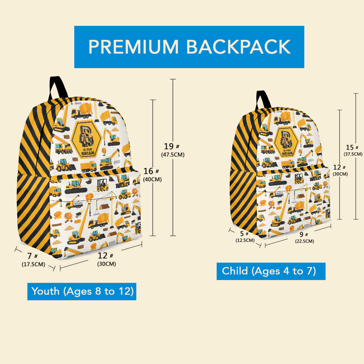 Construction Vehicles Truck, Unicorn Letter - Personalized Kid Backpack