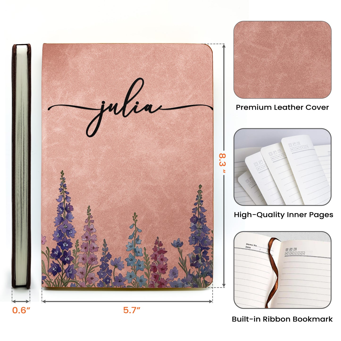 Custom Birth Flower & Name For Her, Wife, Daughter, Sister - Personalized Leather Journal