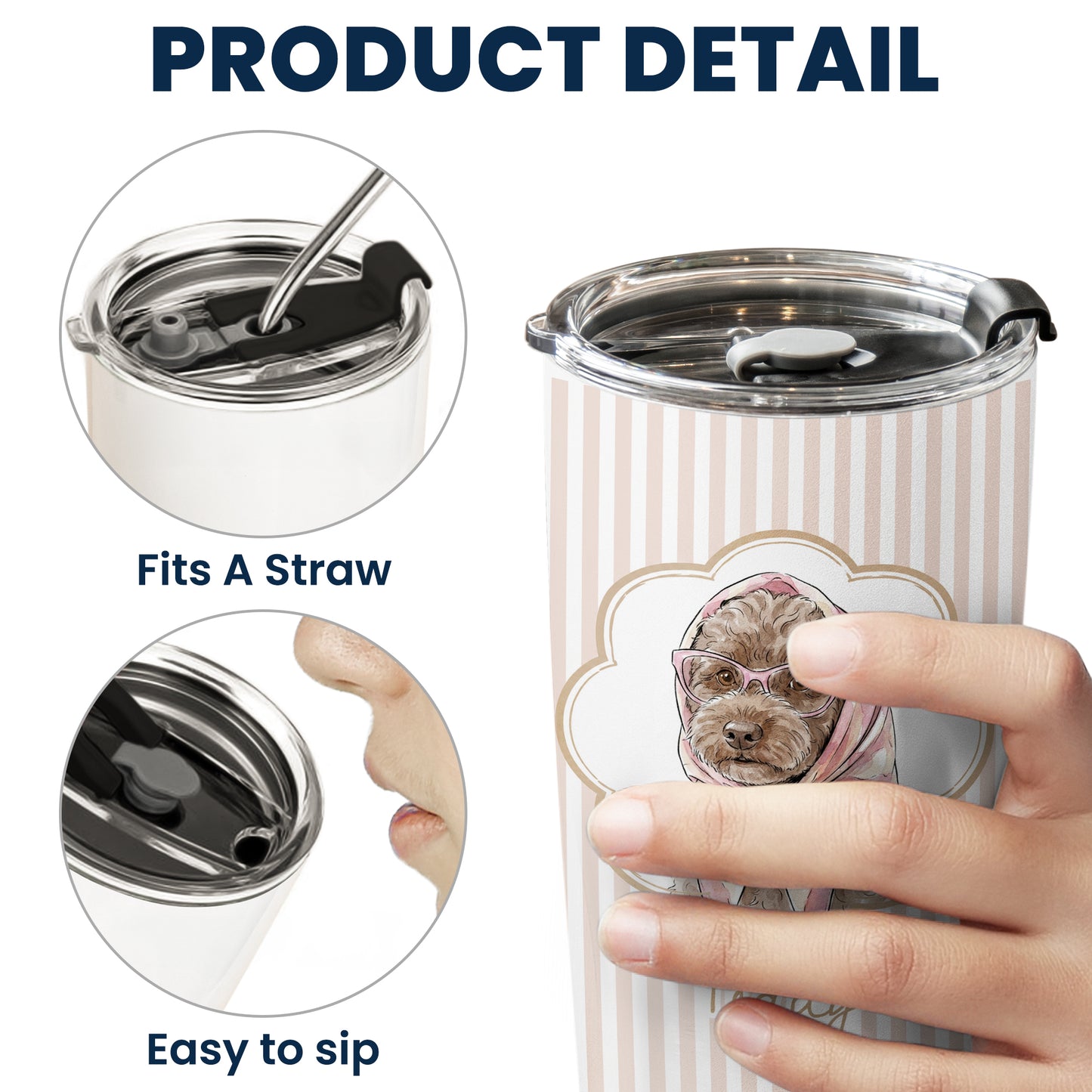 Custom Cup With Pet Photo Watercolor Art Striped Pattern - Personalized Tumbler Cup