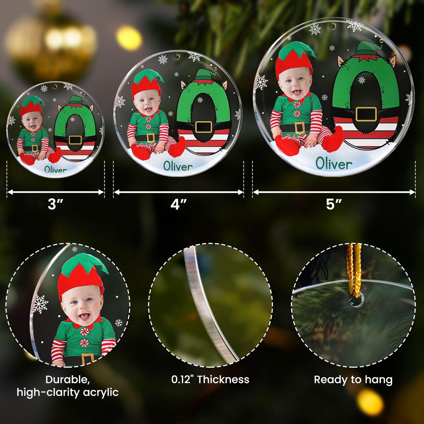 Custom Face Baby Elf Alphabet - Personalized Acrylic Photo Ornament