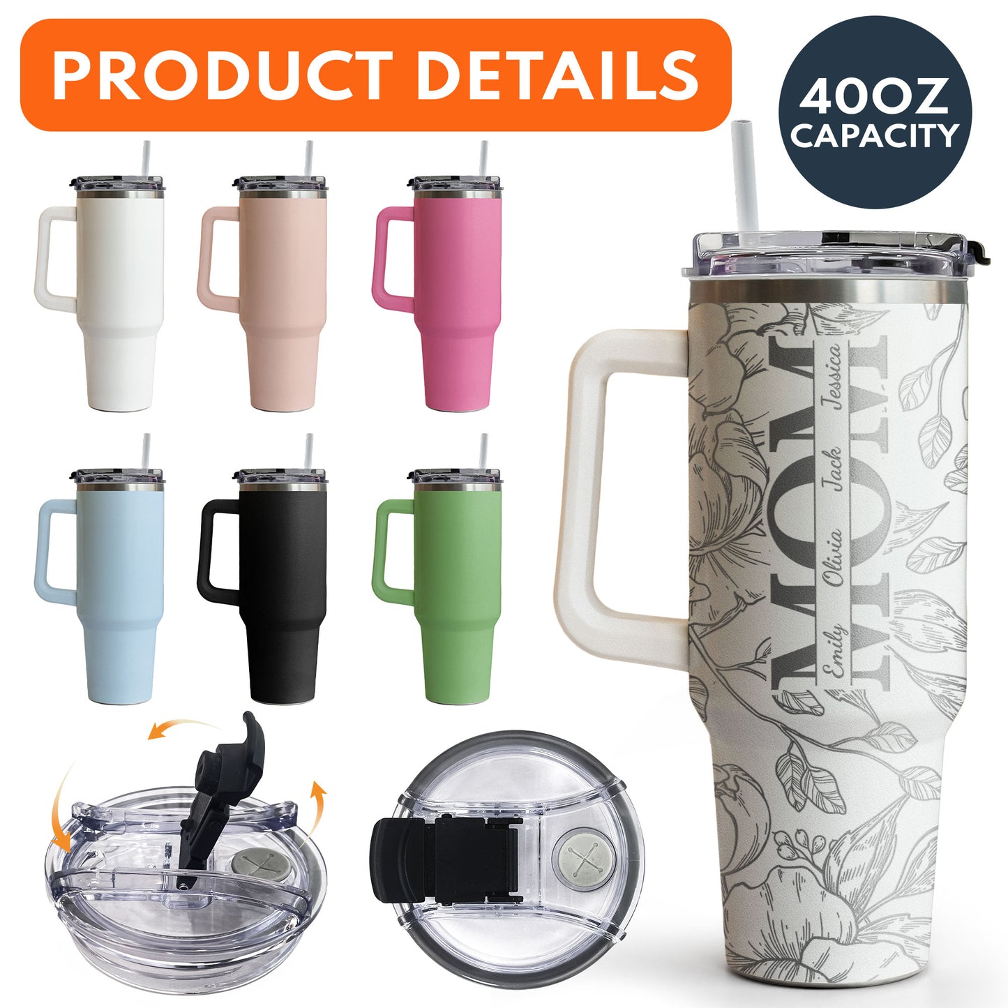 Custom Kids' Names - Floral Mom Mother's Day Gifts - Personalized 40oz Tumbler