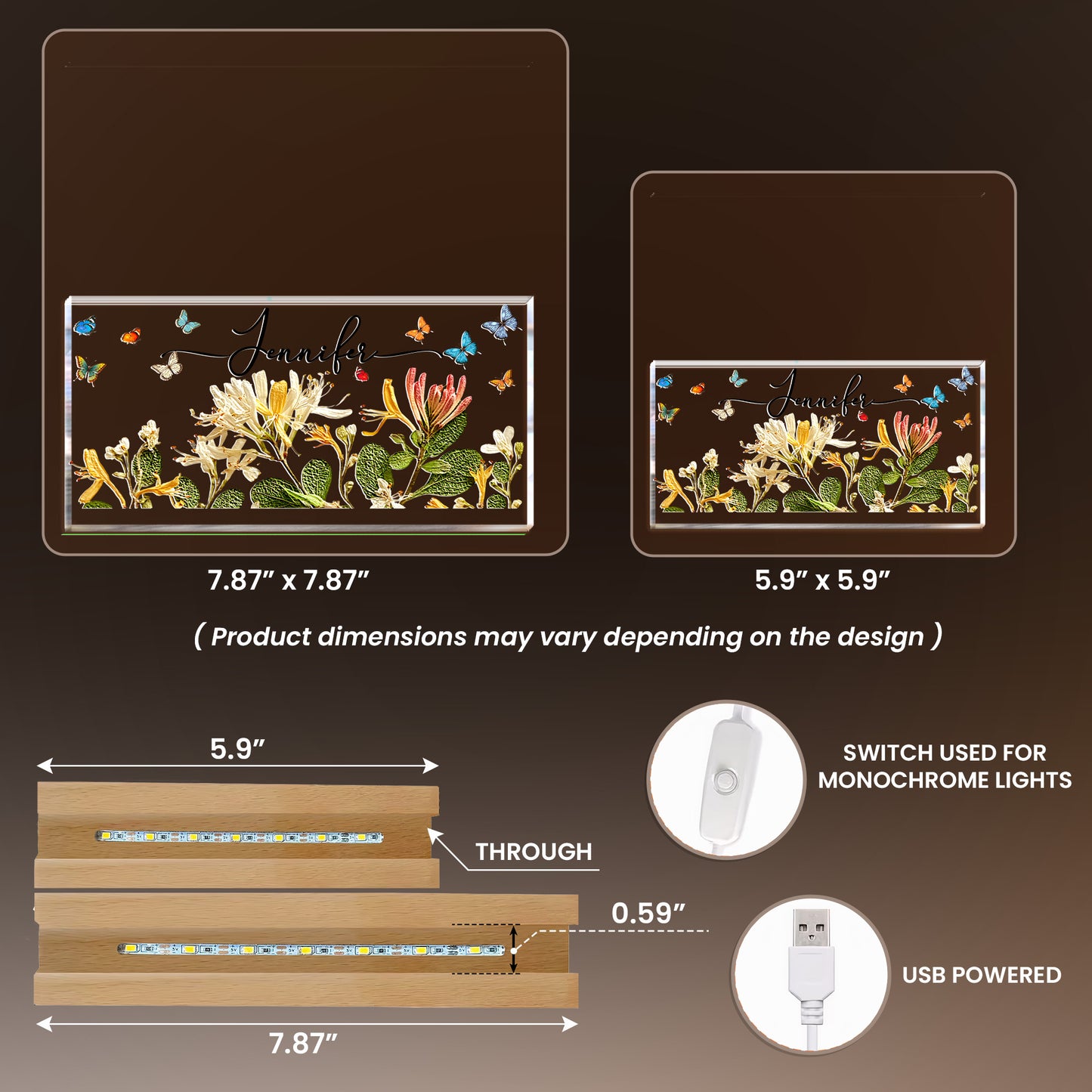 Custom Name & Faux Pressed Birth Flower Gift For Her - Personalized LED Night Light