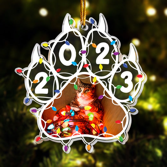 Custom Photo Funny Pet Pawprints Christmas Led Light - Personalized Acrylic Photo Ornament