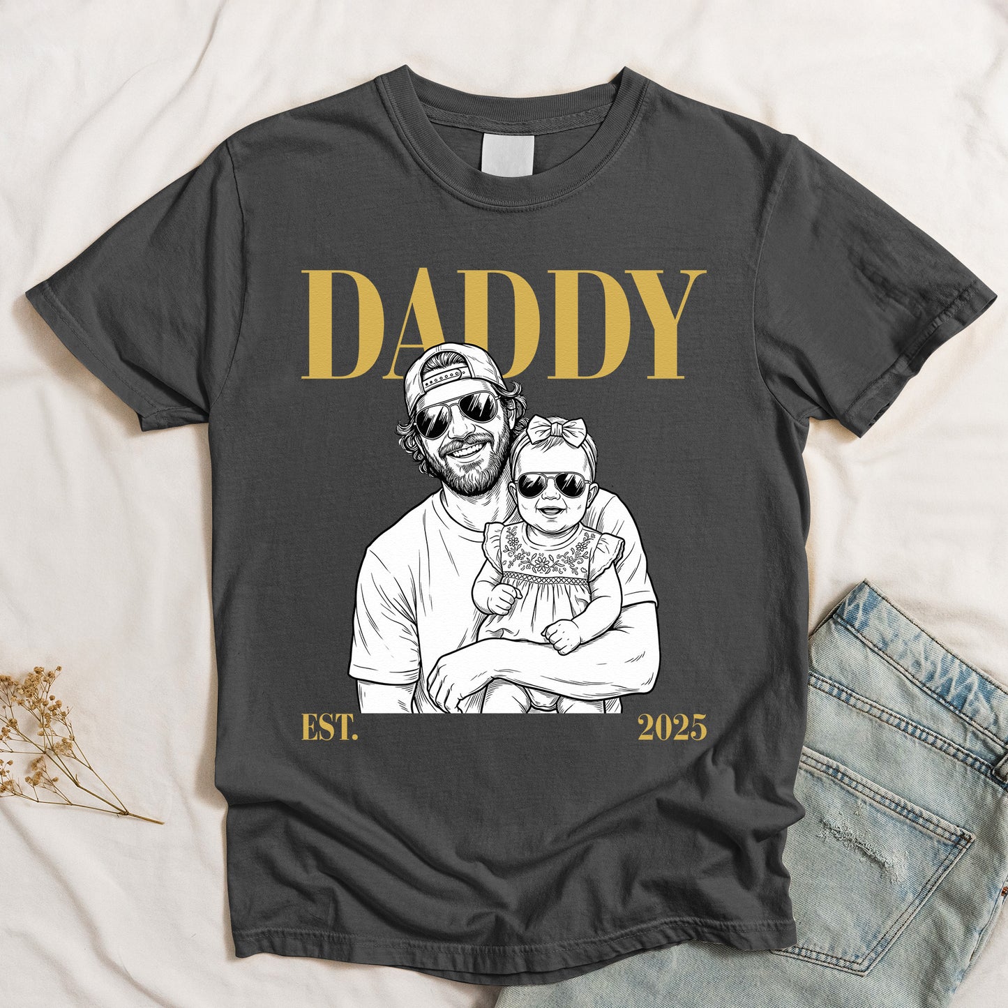 Daddy-Est-Custom-Photo-Sketch-Line-Art-Fathers-Day-Gift-For-Dad-Husband-Personalized-Shirt-3