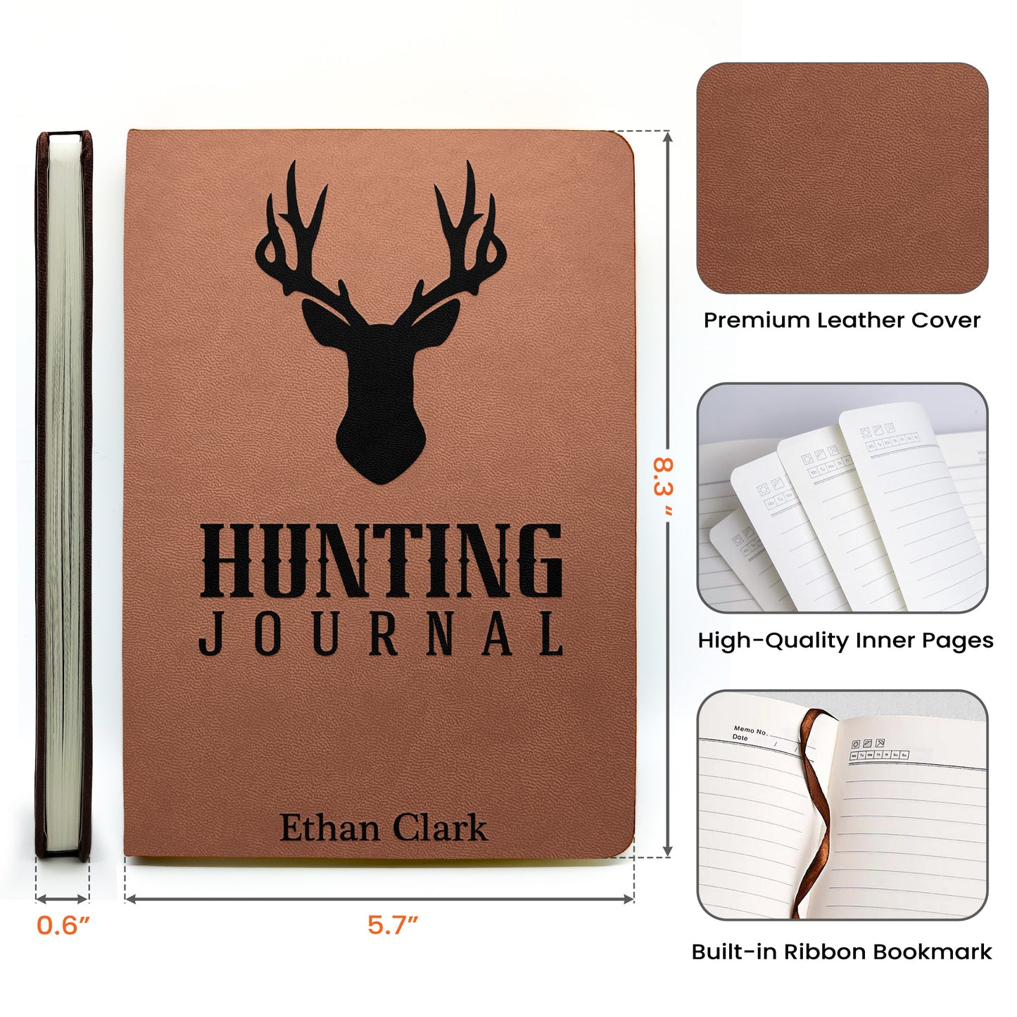 Deer Hunting Journal For Hunters, Hunting Gifts For Men, Husband, Dad, Grandpa - Personalized Leather Journal