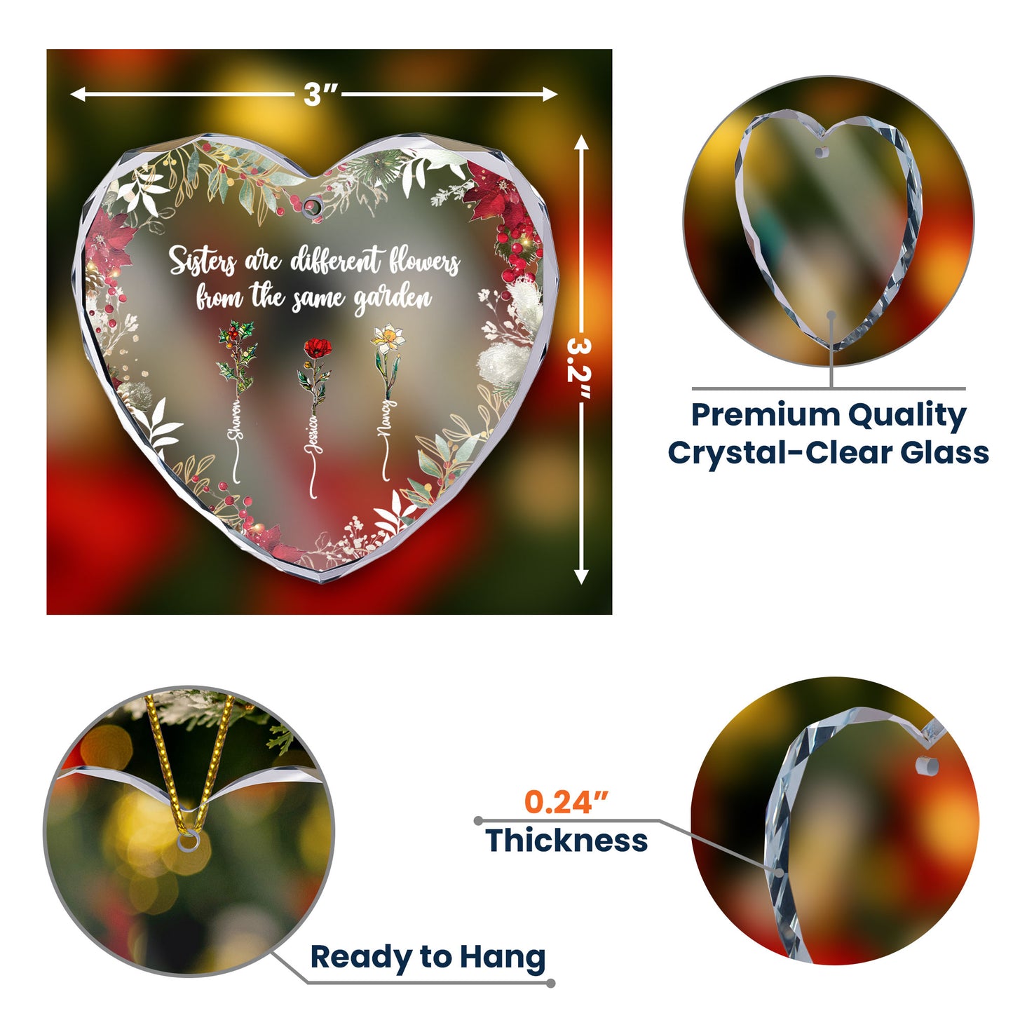 Different Flowers From Same Garden - Personalized Heart Glass Ornament