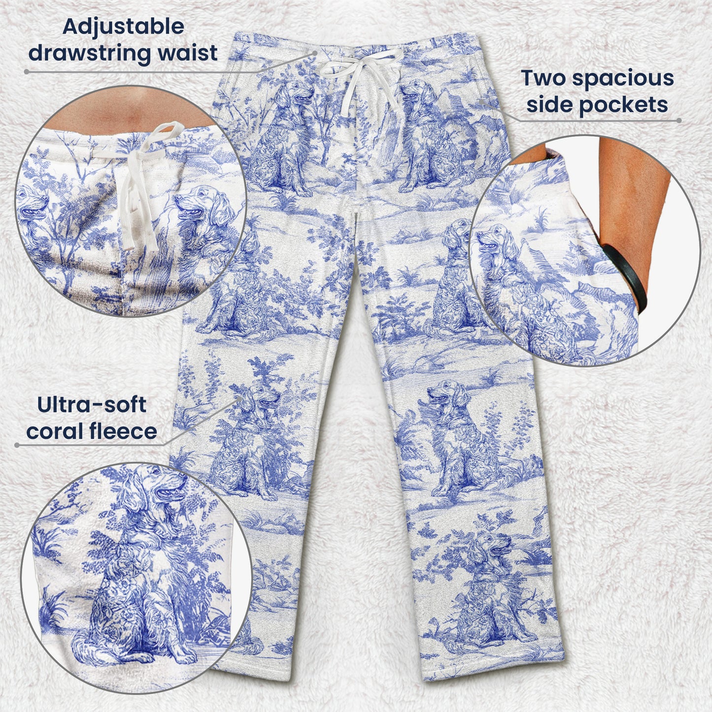Dog Lover Gift Toile De Jouy Style - Personalized Fleece Pajama Pants