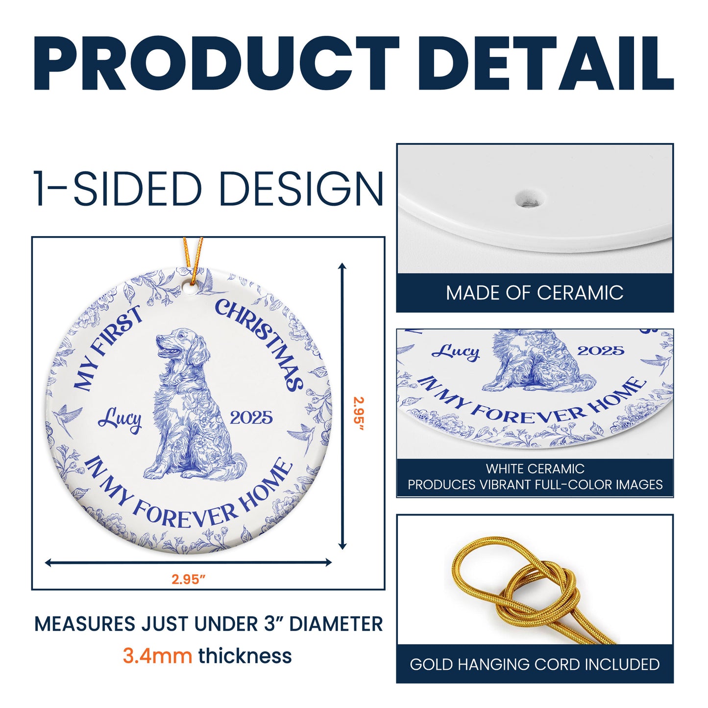 Dog's 1st Christmas, Cat's First Christmas, Toile De Jouy - Personalized Ceramic Ornament