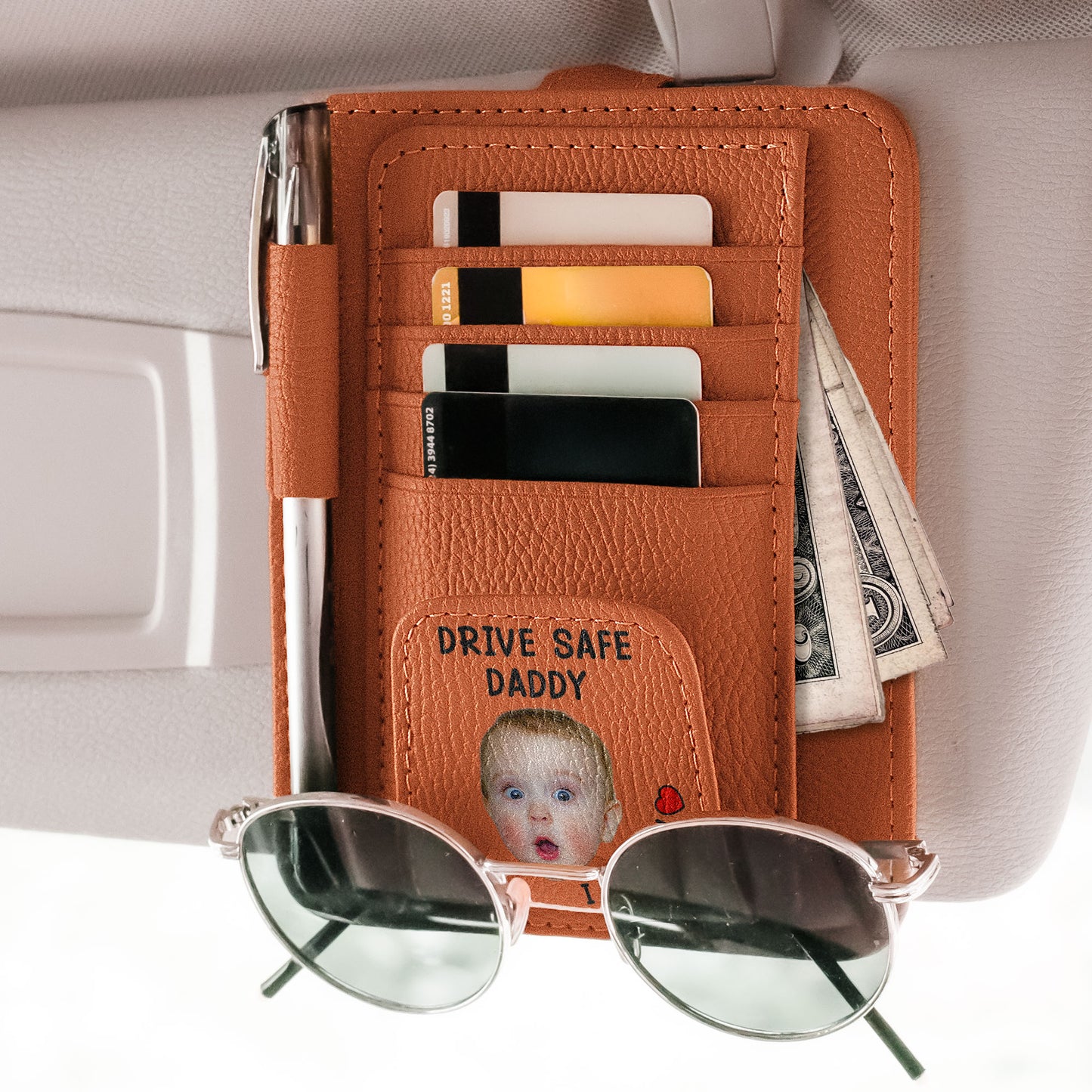 Drive Safe, Daddy - Personalized Photo Leather Car Visor Organizer