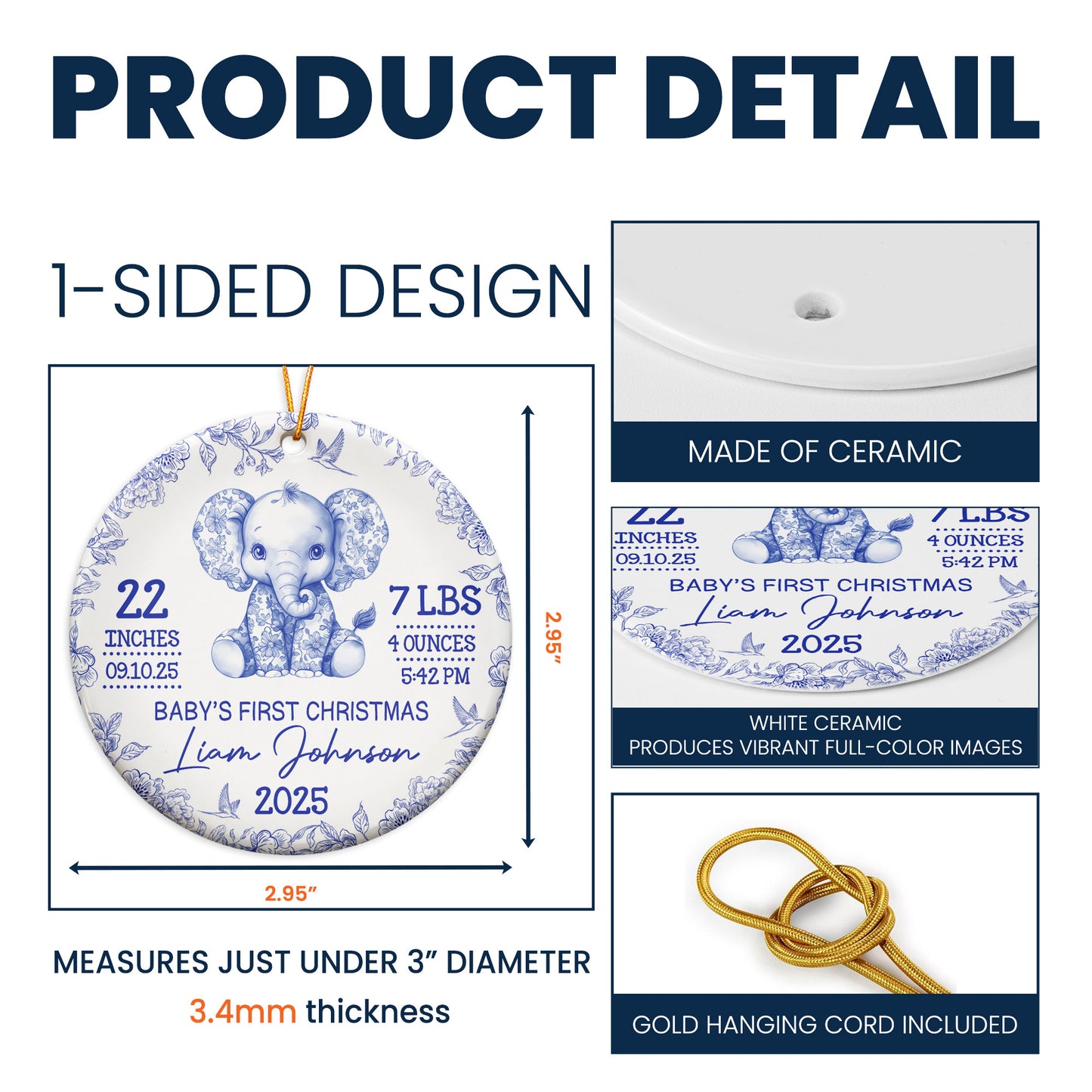 Elephant Baby First Christmas Toile Style - Personalized Ceramic Ornament