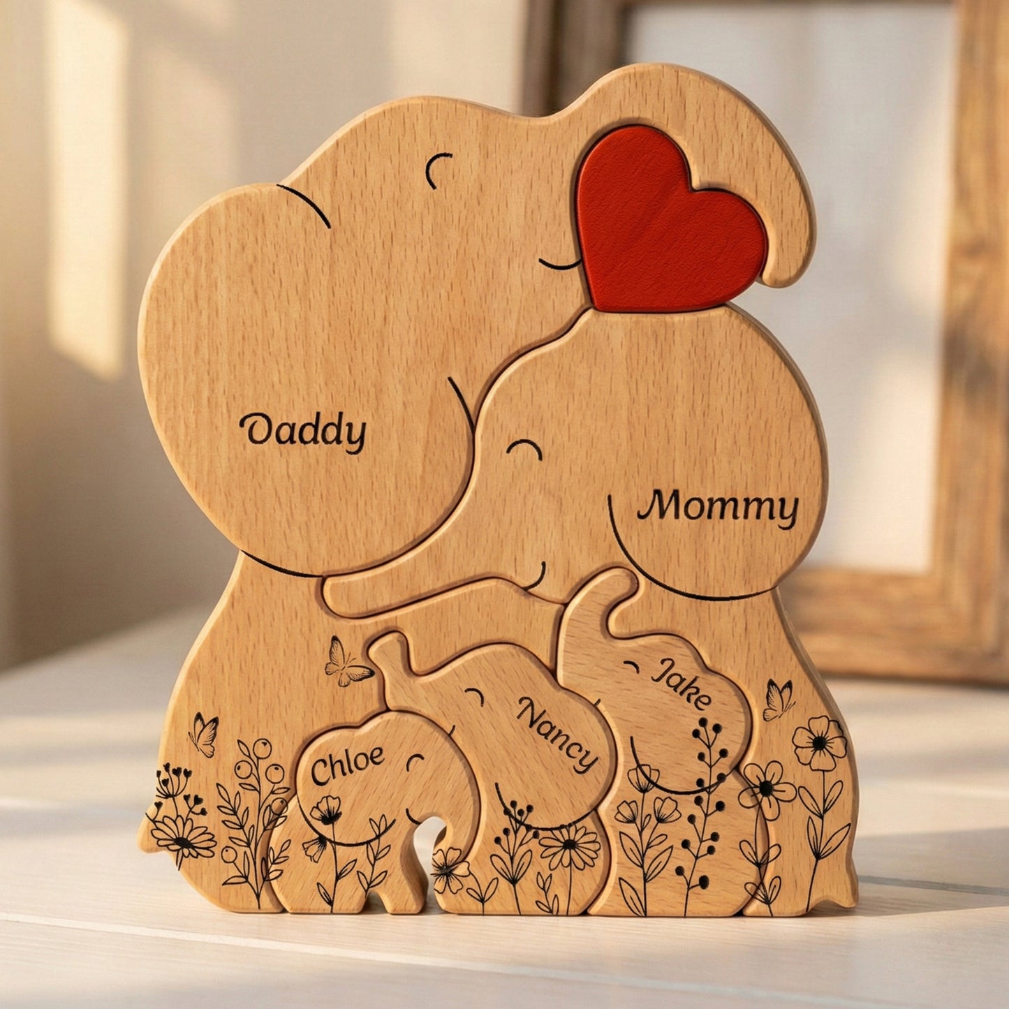 Elephant Family Parents & Kids - Custom Names - Mother's Day Gift - Personalized Wooden Family Puzzle