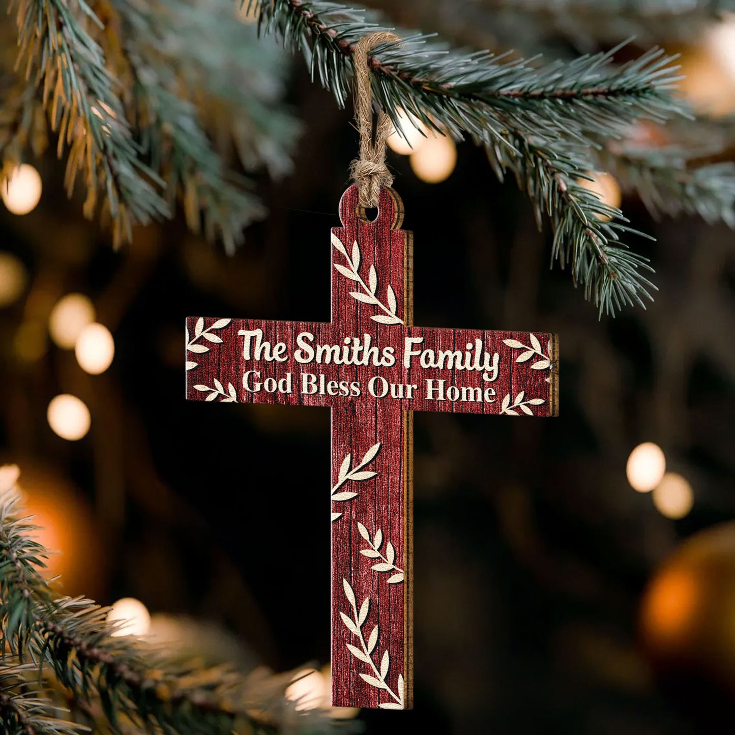 Family Cross, God Bless Our Home - Personalized Wooden Ornament
