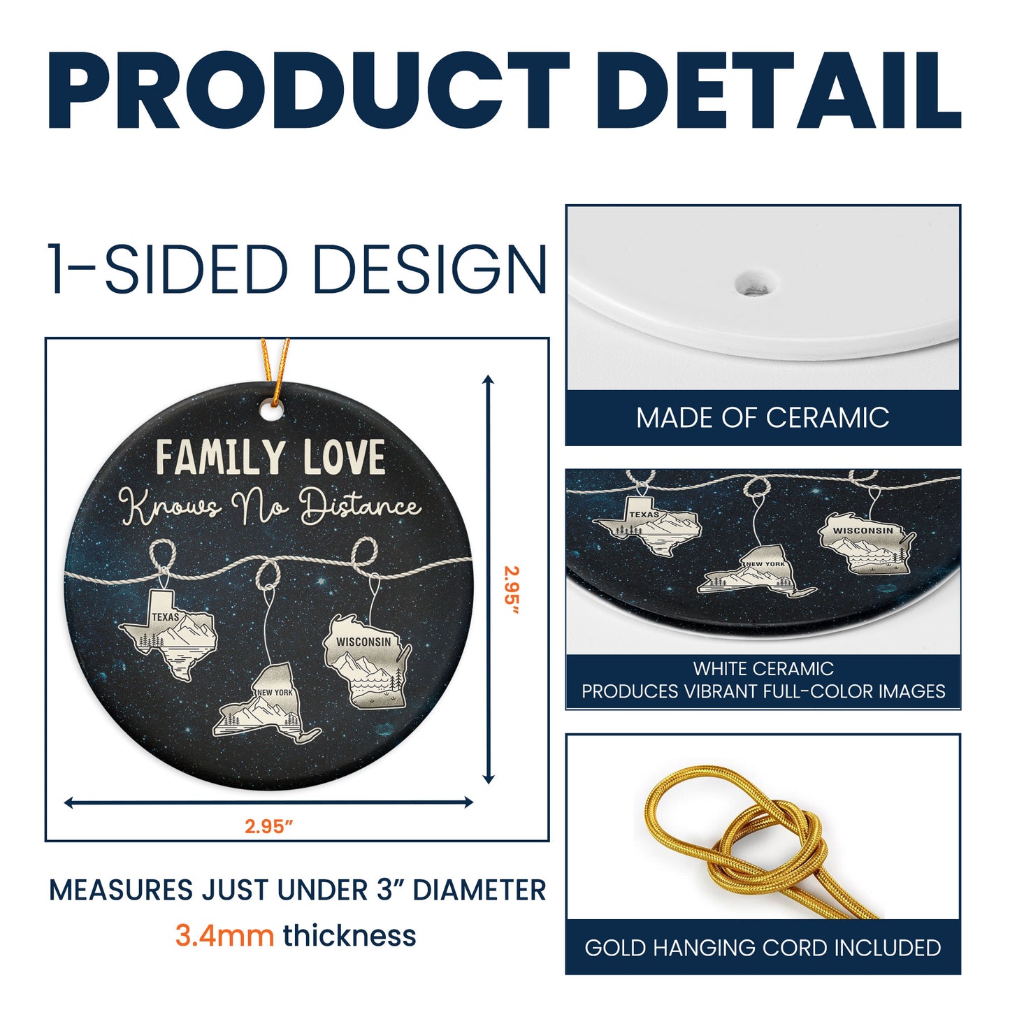 Family Love Knows No Distance States Map - Personalized Ceramic Ornament