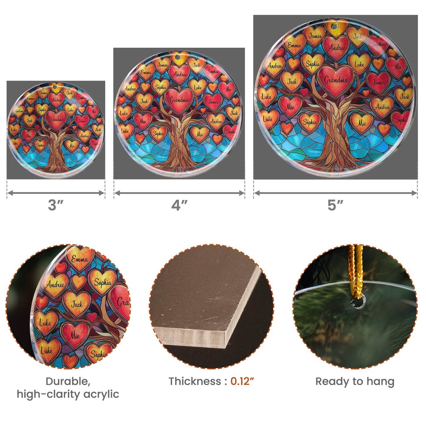 Family Tree With Hearts & Names For Grandparents Siblings - Personalized Acrylic Ornament