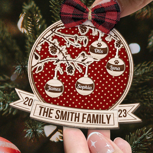 Family With Dog Cat Christmas Ornament - Personalized 2 Layers Wooden Ornament With Bow