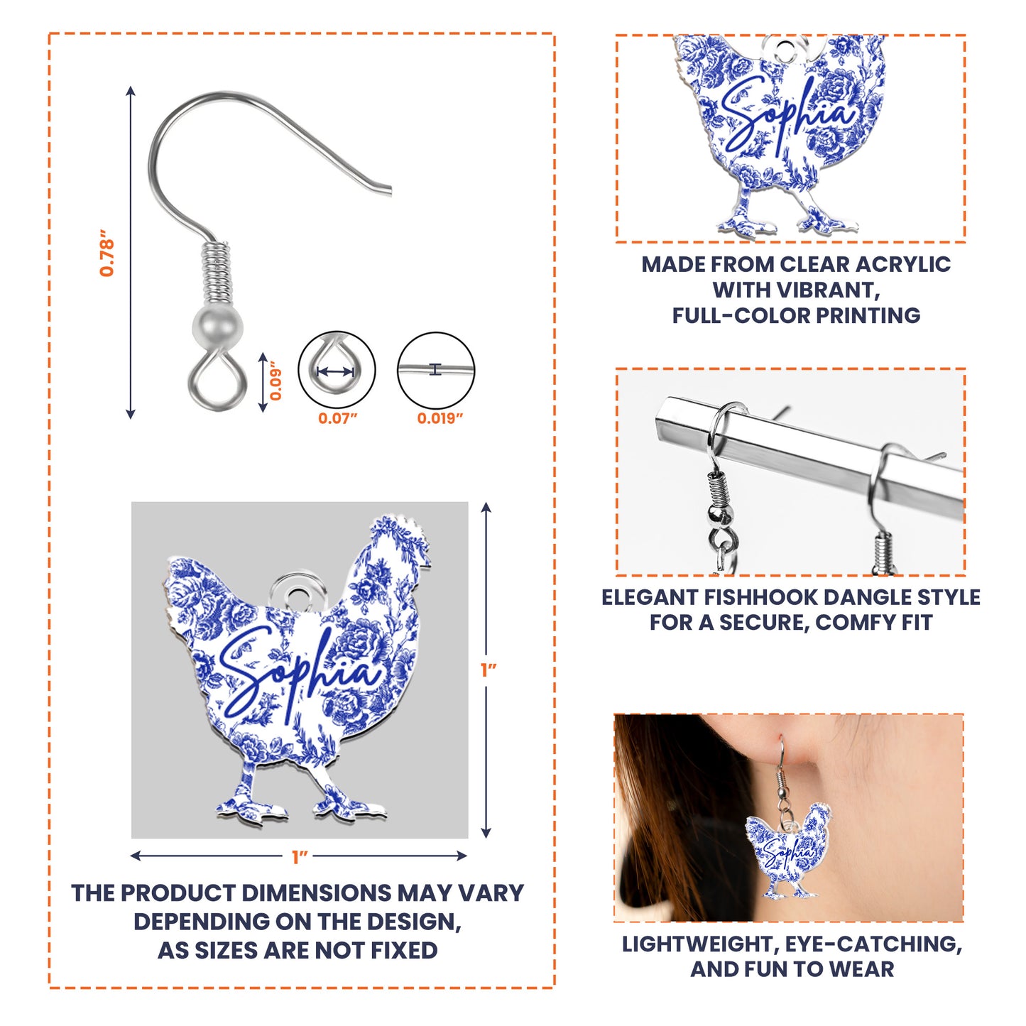 Farm Animals Toile De Jouy Chicken Cow Donkey Pig - Personalized Acrylic Earrings