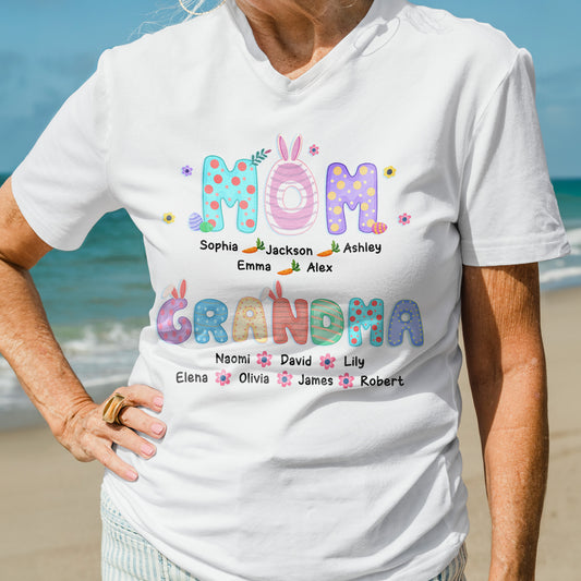 First Mom Now Grandma With Easter Bunny And Eggs - Personalized Shirt