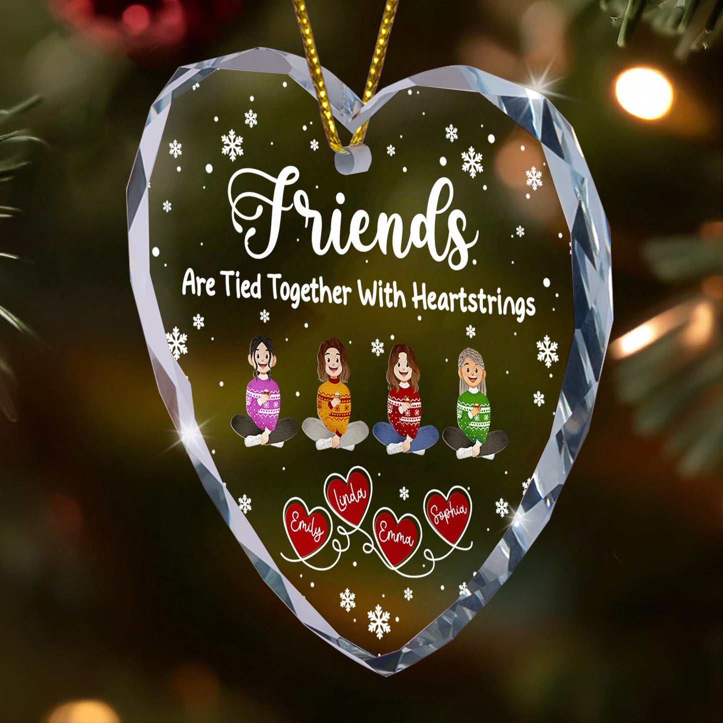 Friends Sisters Tied Together With Heartstrings - Personalized Heart Glass Ornament