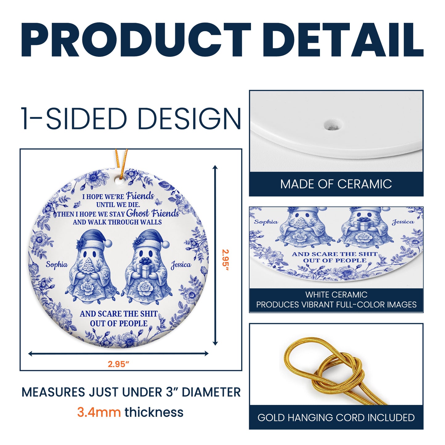 Friendship Gift Christmas Toile De Jouy Ornament - Personalized Ceramic Ornament