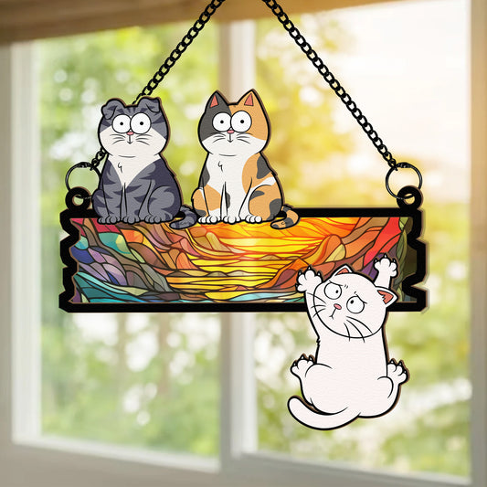 Funny Cats Hanging On Wooden Sign- Personalized Window Hanging Suncatcher Ornament