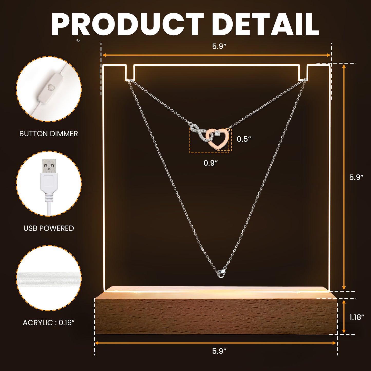 Gifts For Mom From Daughter/Son - Personalized LED Light Acrylic Plaque With Infinity Necklace