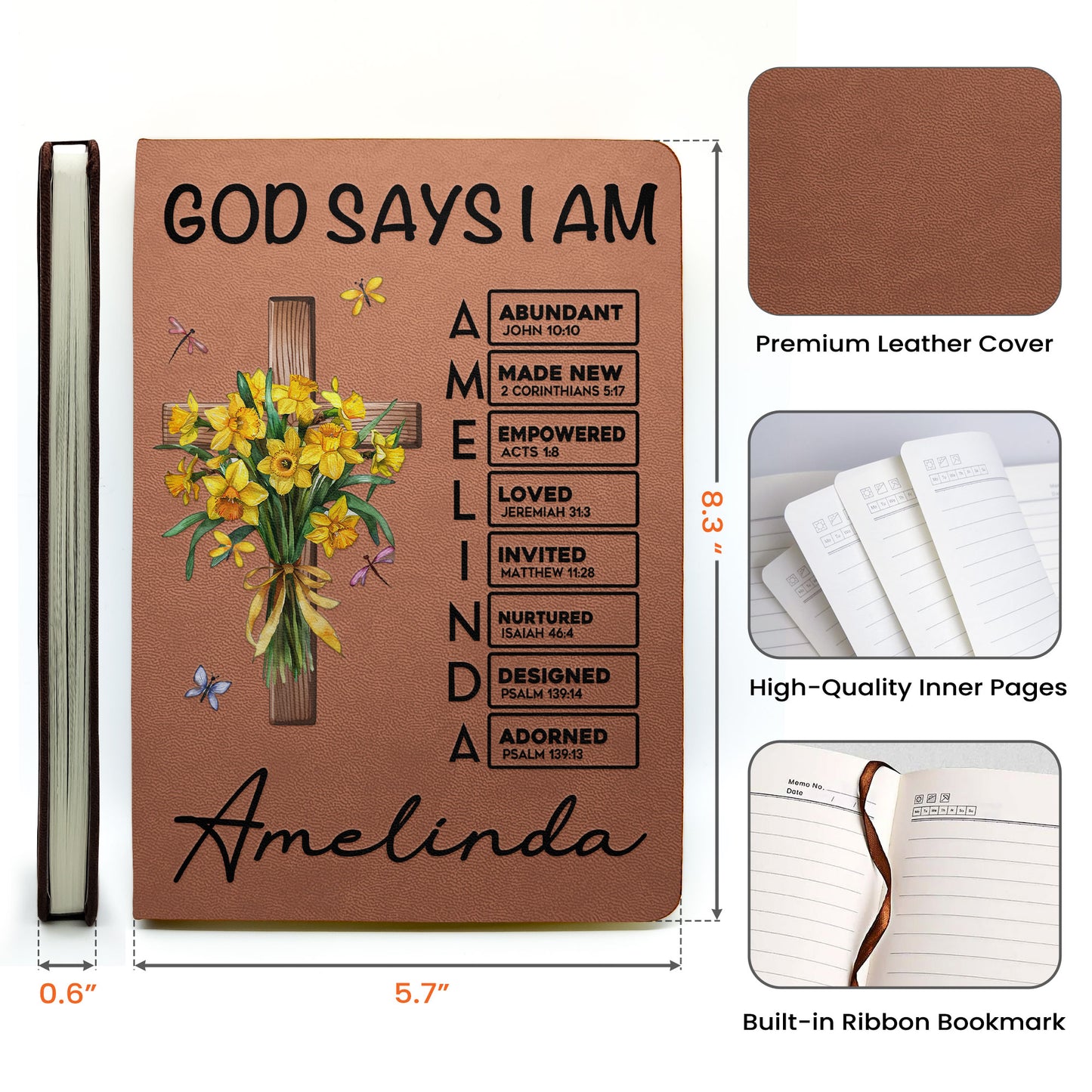 God Says I Am Name In Bible Verse Birth Flower - Personalized Leather Journal