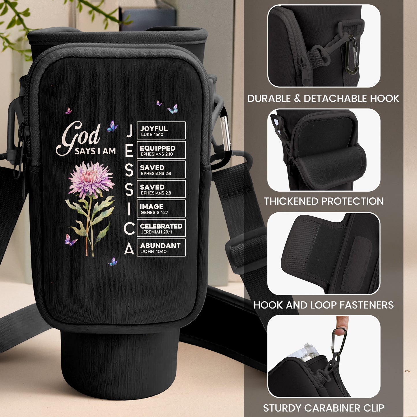 God Says I Am Name In Bible Verse New Version - Personalized Water Bottle Carrier Bag With Phone Pocket