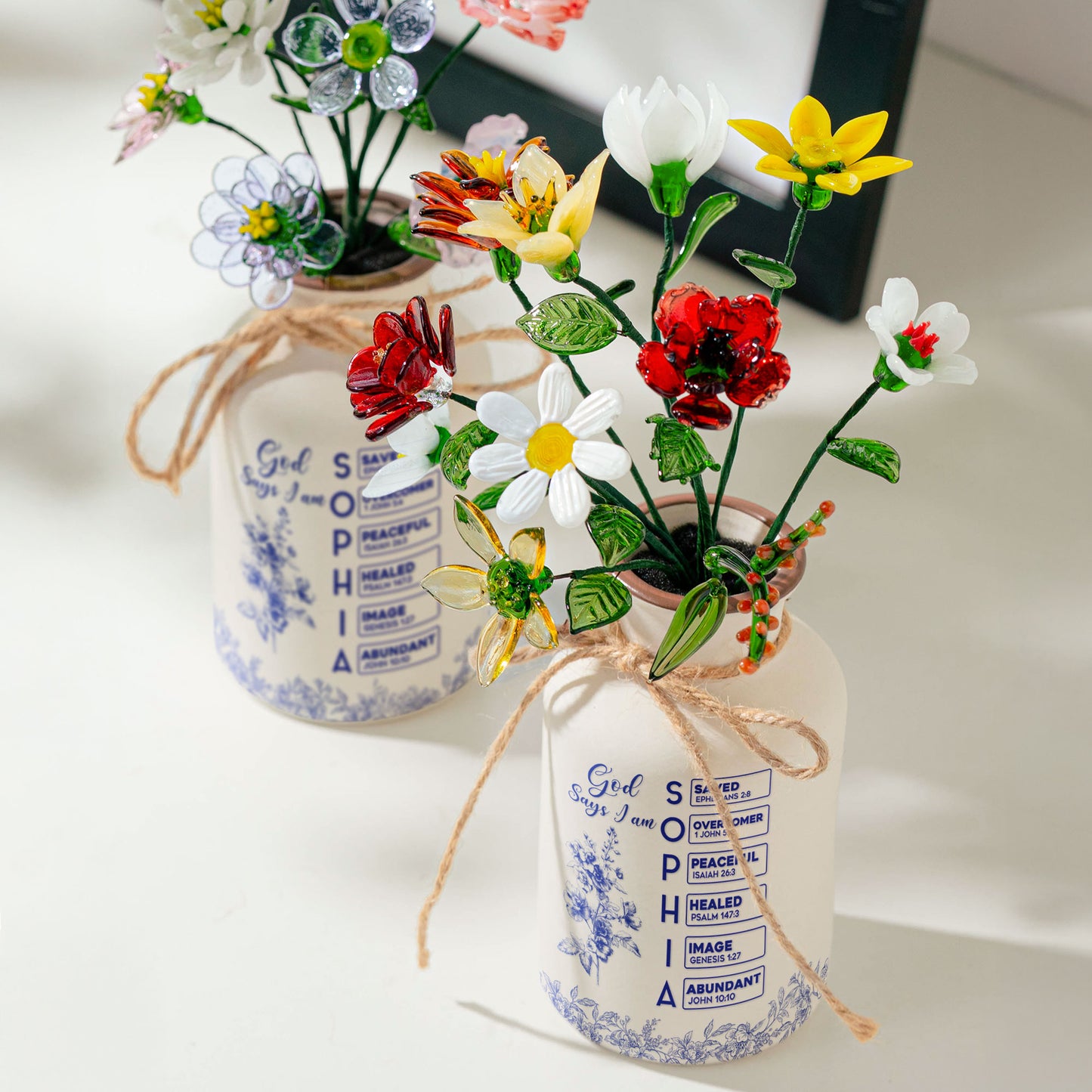 God Says I Am Name Letter In Bible - Personalized Vase With Glass Birth Month Flowers