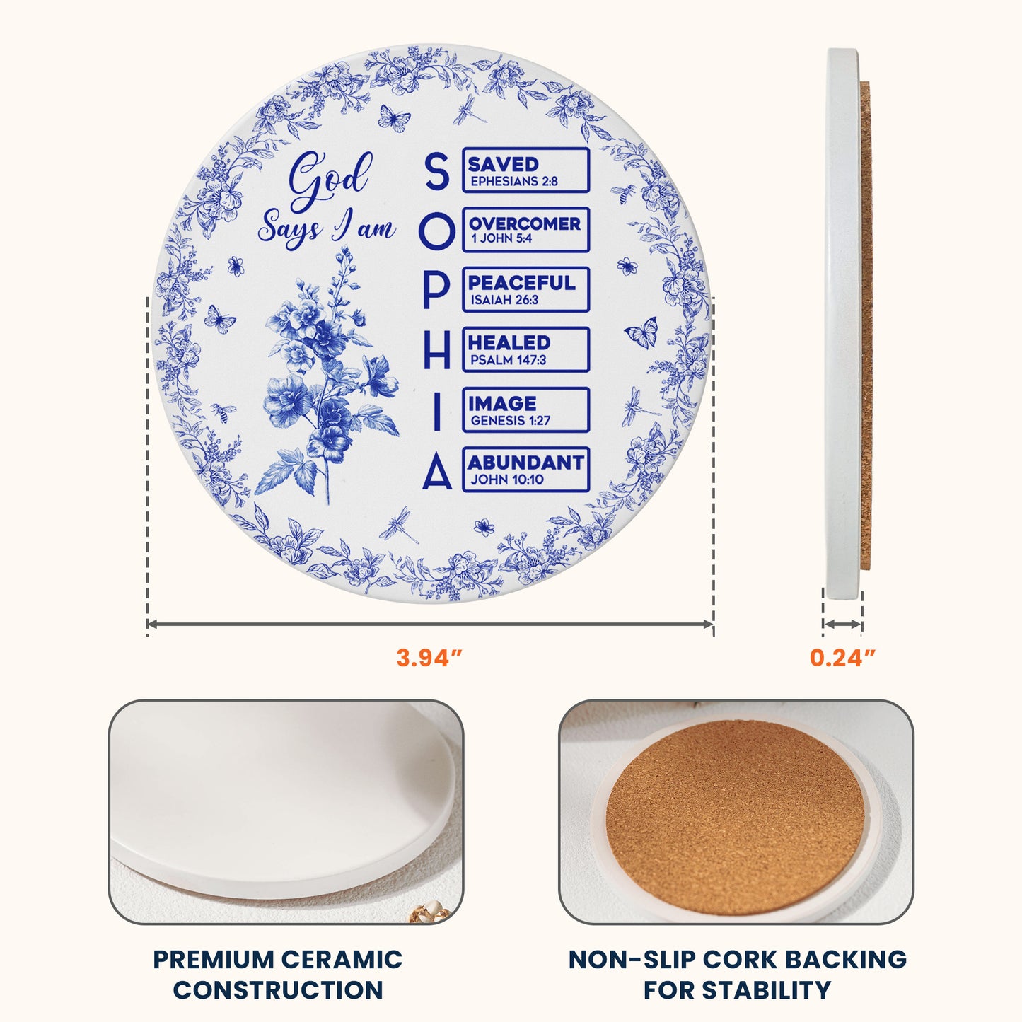 God Says I Am Name Letter In Bible Circle Coaster - Personalized Ceramic Coaster