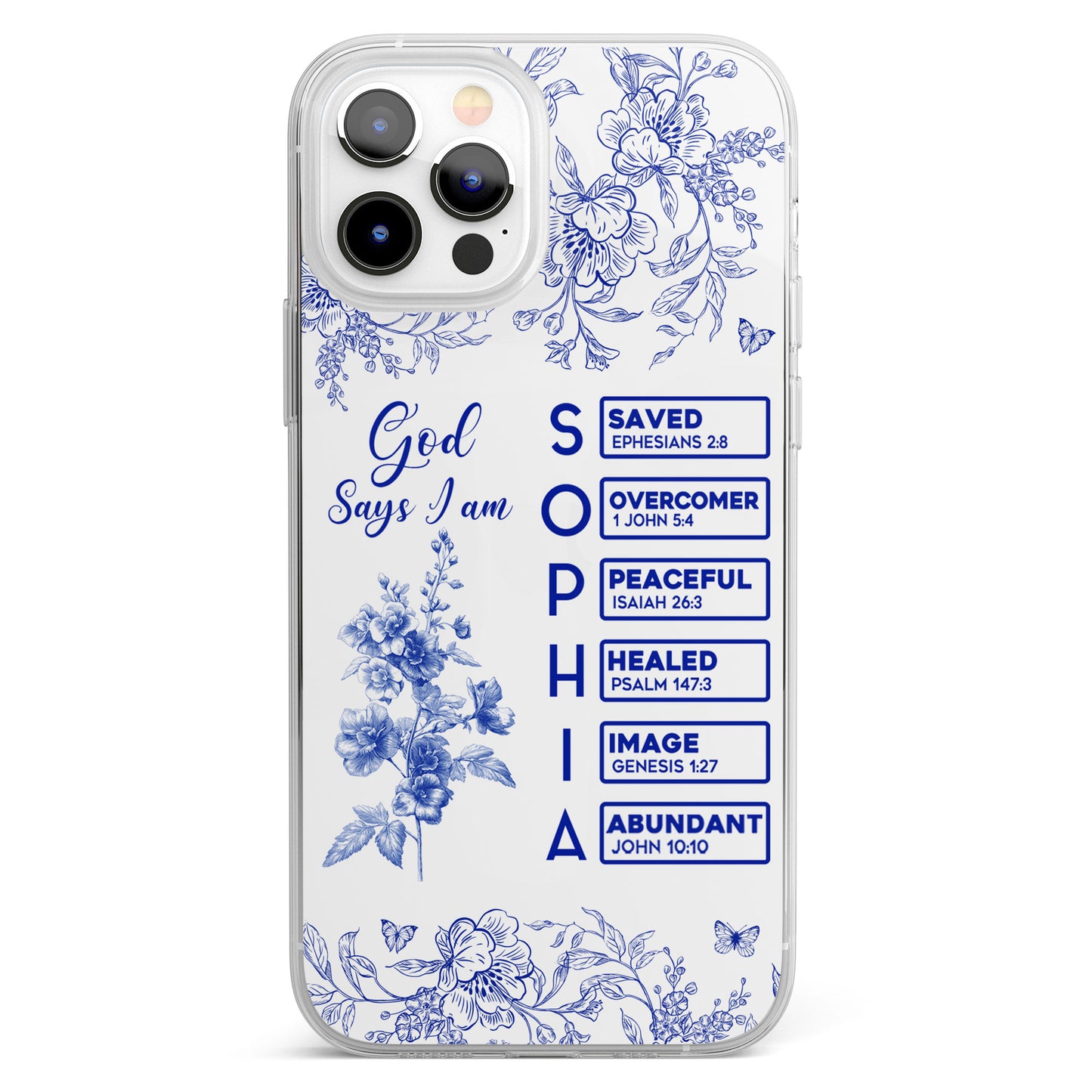 God Says I Am Name Letter In Bible Toile De Jouy Style - Personalized Clear Phone Case