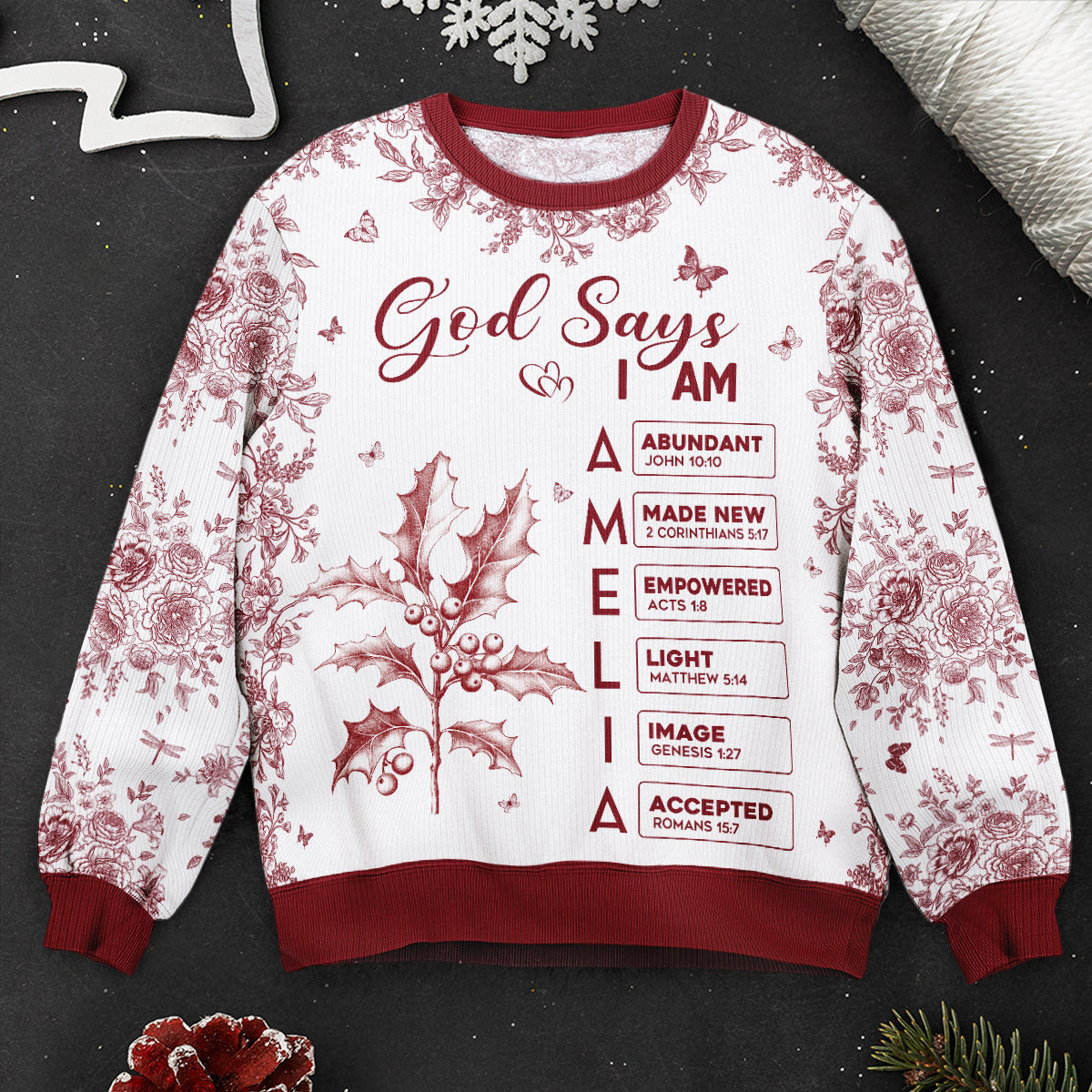 God Says I Am Name Letter In Bible Toile De Jouy Style - Personalized Ugly Sweater